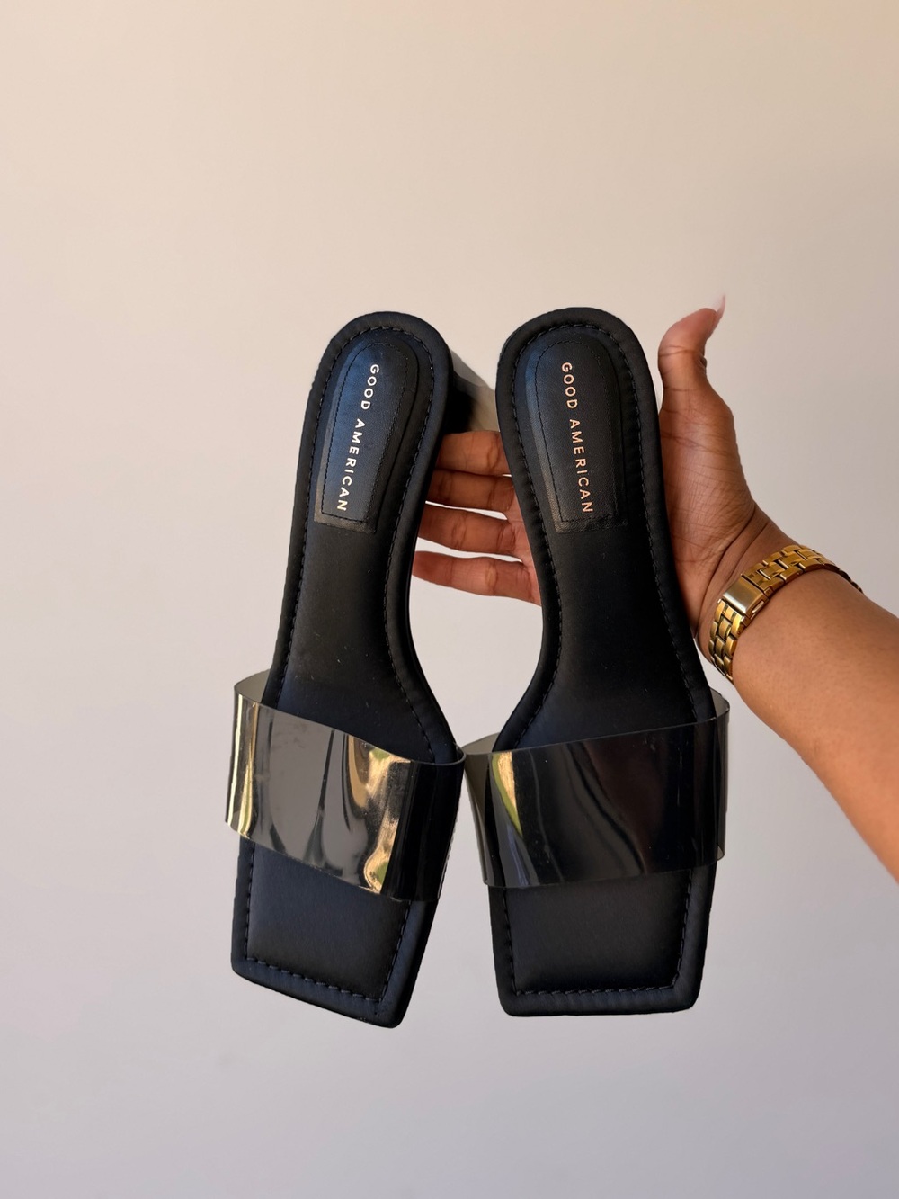 Good American Black Patent Slide Mules